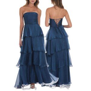 white christmas dresses Blue Corset Ruffle Strapless Maxi Dress Rental | Stylish & Demure Dress  Rental